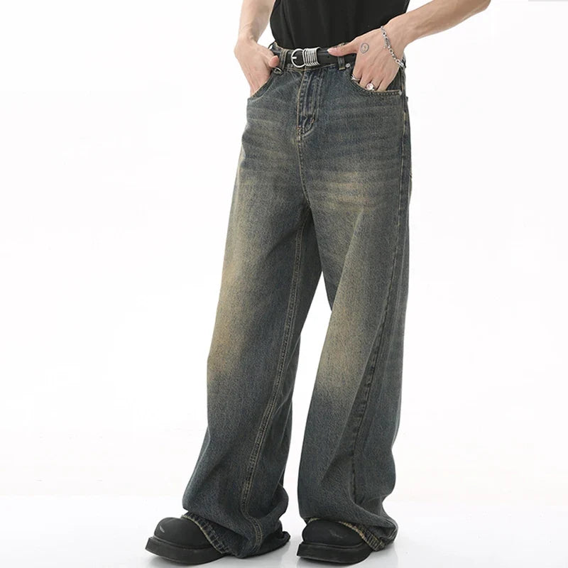 Men's Denim Pants Old Blue Washed Male Jeans Straight  Loose Wide Leg