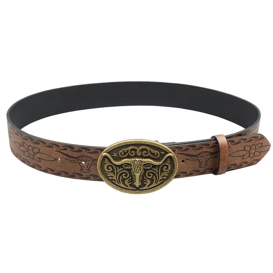 Western Cowboy PU Leather Belt with Longhorn Bull Head Buckle – Vintage Rodeo Belt for Men & Women, 3.8cm Wide, Buckle 8x5.5cm
