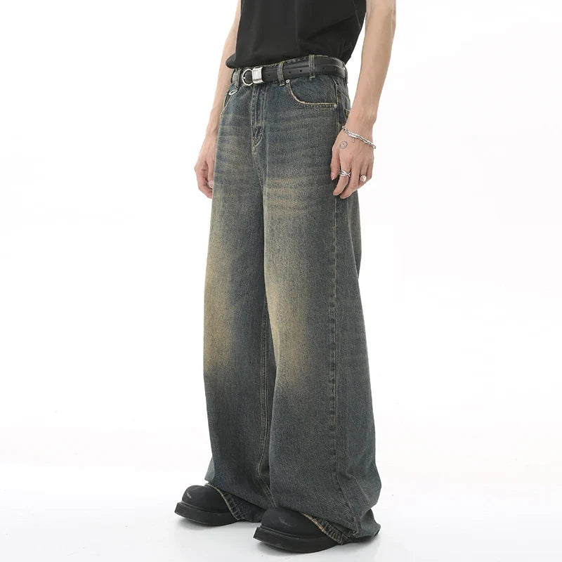 Men's Denim Pants Old Blue Washed Male Jeans Straight  Loose Wide Leg