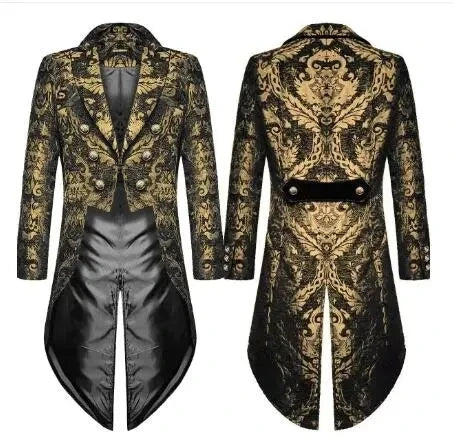 Men's Gothic Victorian Tailcoat – Gold Black Brocade Steampunk Jacket