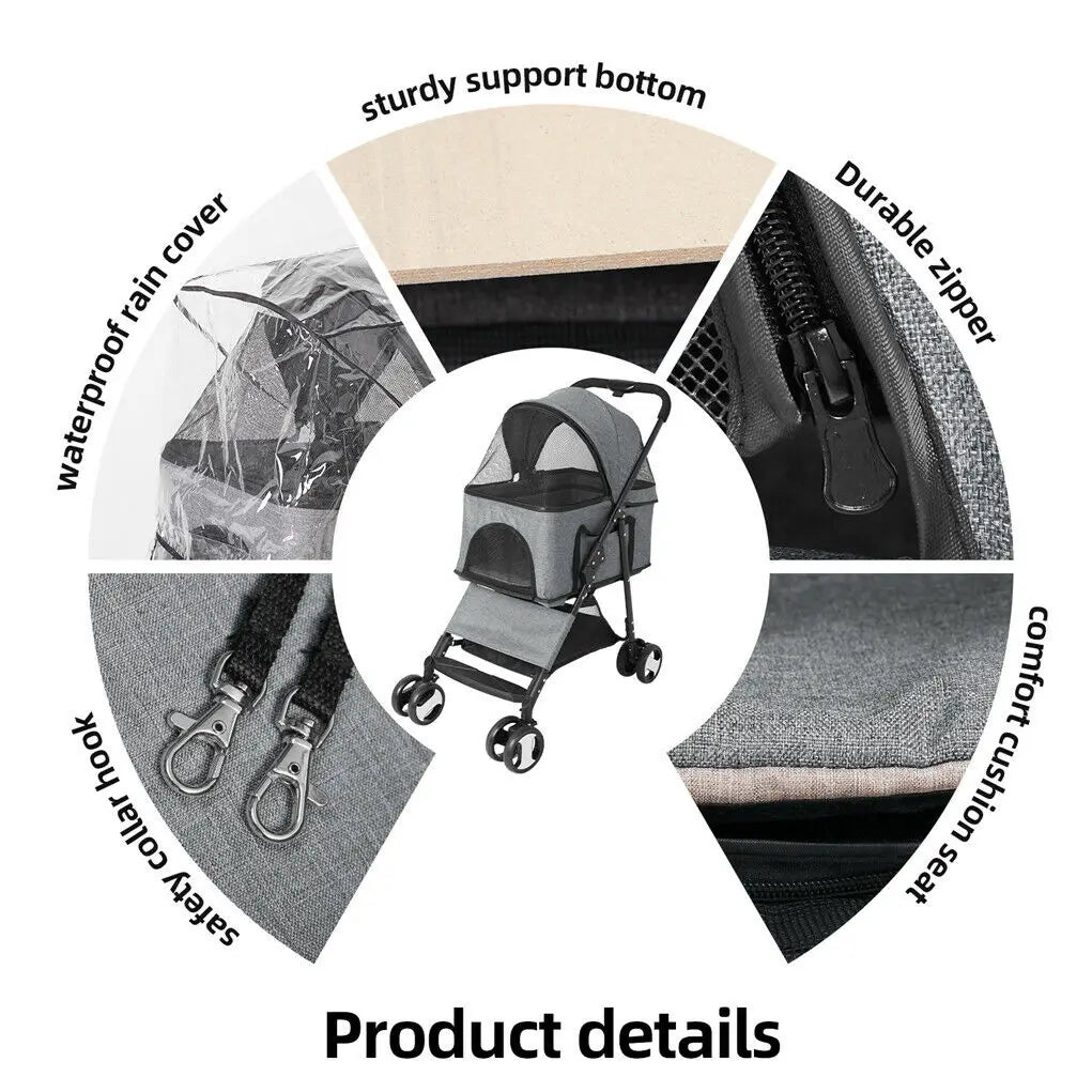 Large 4 Wheel Dog Carrier Trailer, Pram with Mesh Windows, Outdoor Portable Puppy Travel Walk Carrier, Load 30kg
