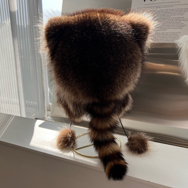 Raccoon Fur Cap Tail Women Natural Raccoon Fur Caps Ushanka Hats Thick Warm Ears Fashion Bomber Pom Pom Hat