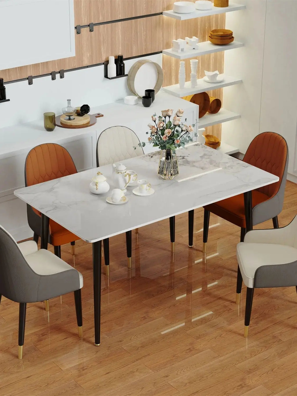 High Gloss 4-6 Seat Rectangular Marble Dining Table for Kitchen Island Restaurant Lunch Dinner Table Metal Frame