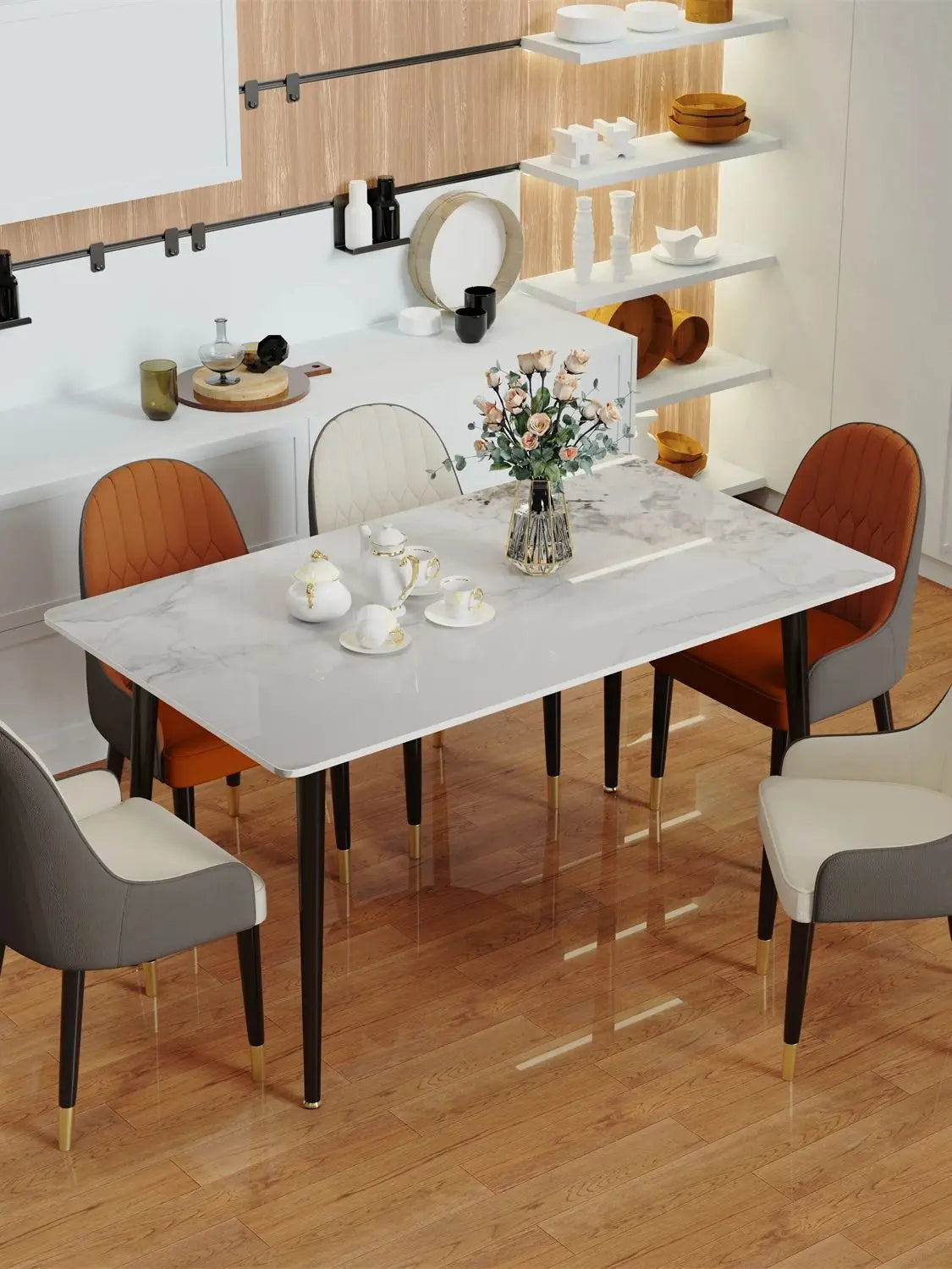 High Gloss 4-6 Seat Rectangular Marble Dining Table for Kitchen Island Restaurant Lunch Dinner Table Metal Frame