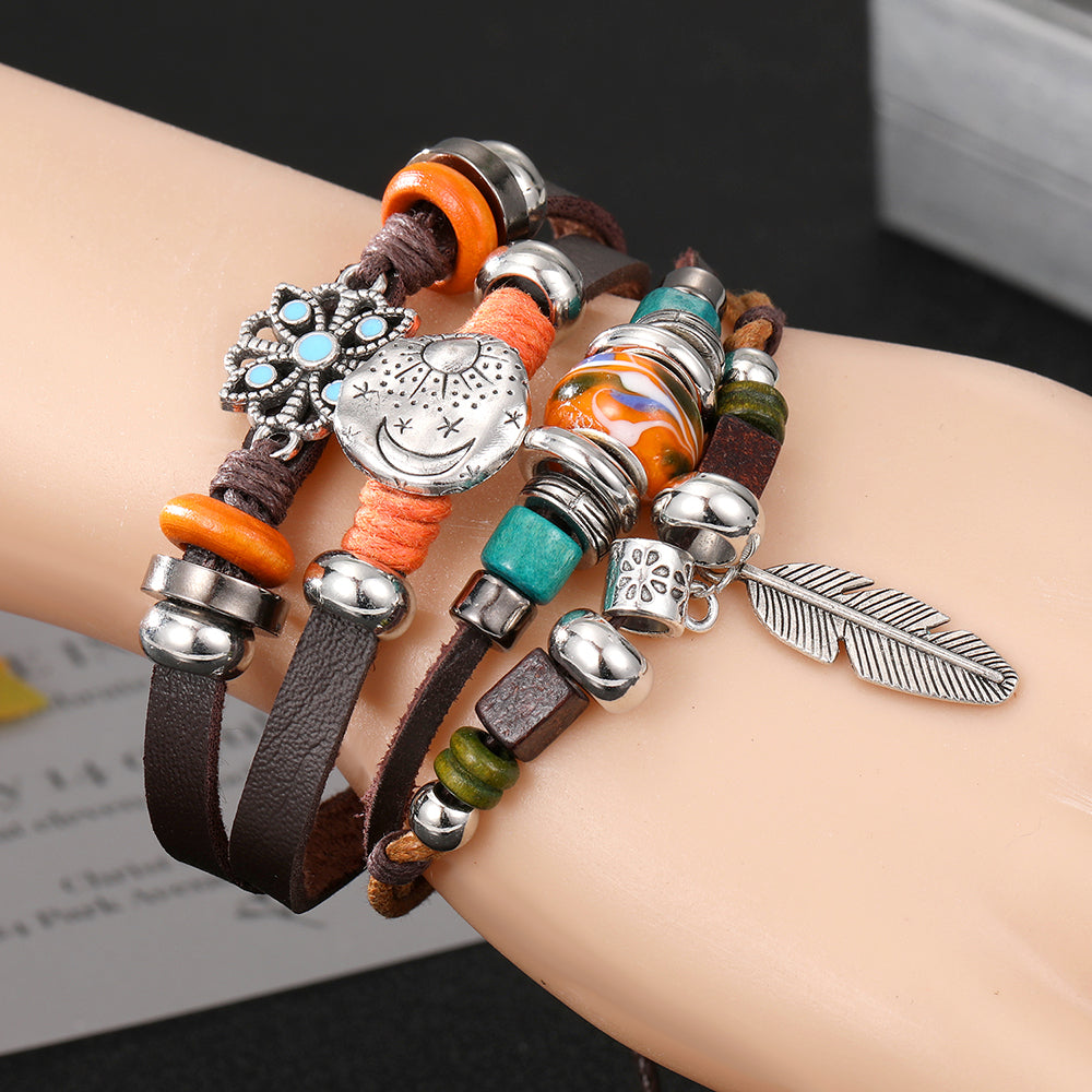 Vintage Gothic Punk Moon Star Metal Multilayer Leather Bracelet Unisex Leaf Bracelets