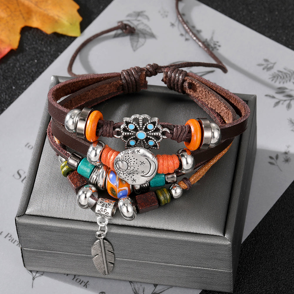 Vintage Gothic Punk Moon Star Metal Multilayer Leather Bracelet Unisex Leaf Bracelets