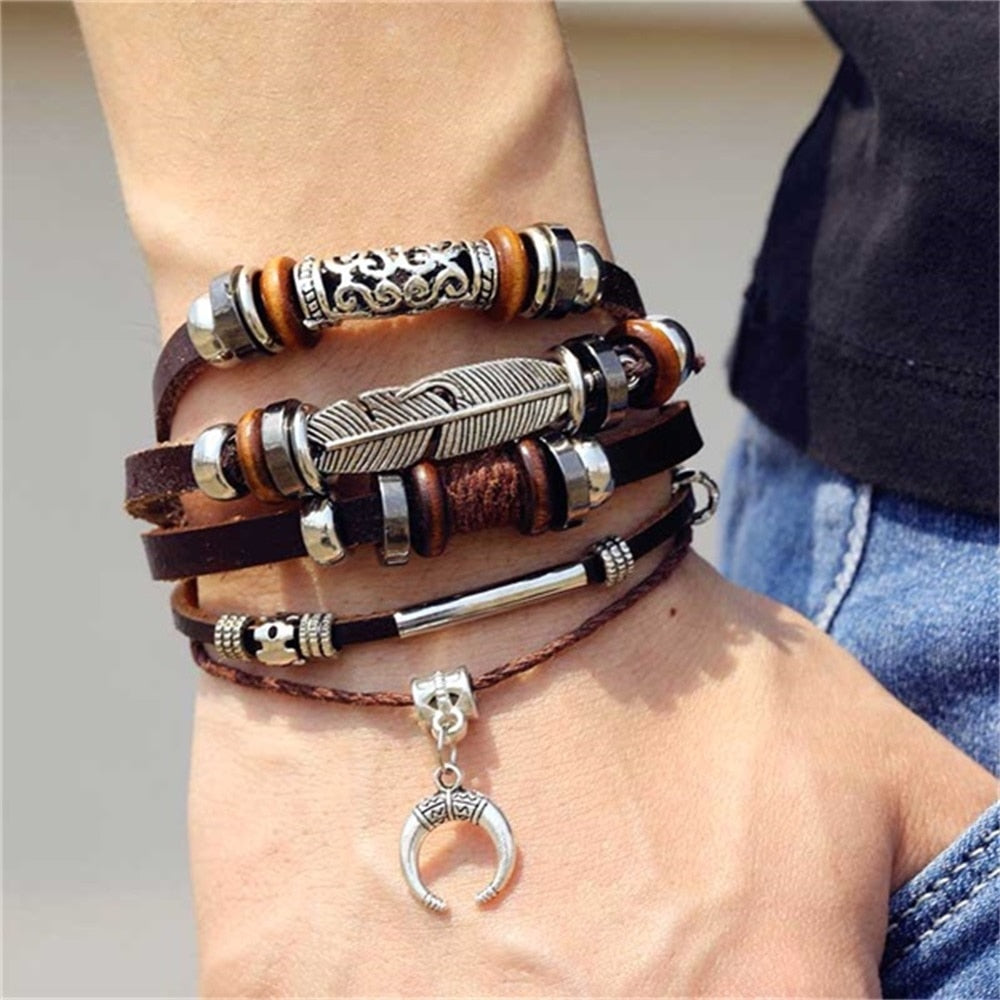Vintage Gothic Punk Moon Star Metal Multilayer Leather Bracelet Unisex Leaf Bracelets