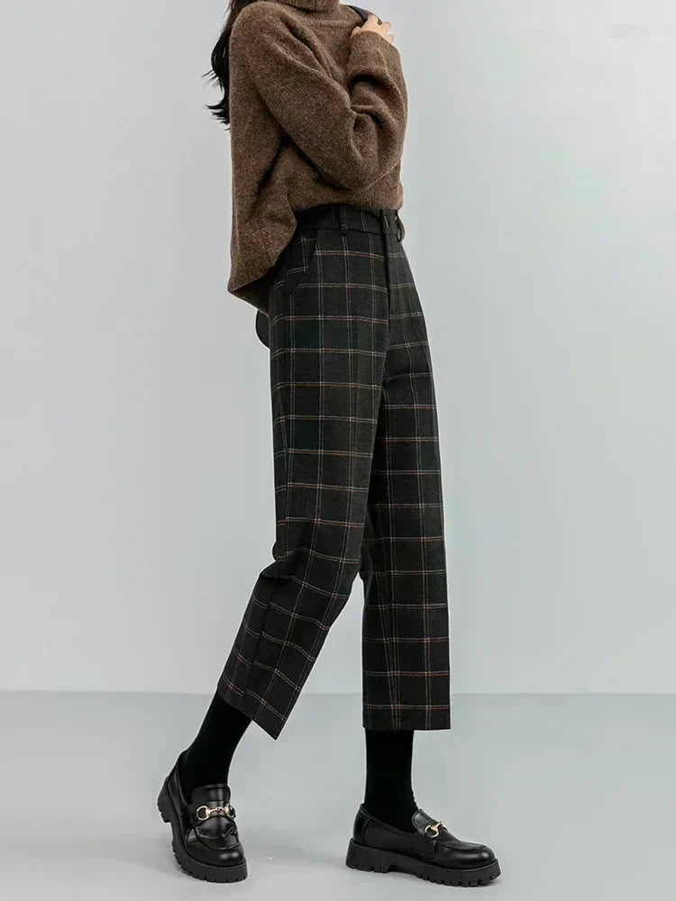 Woolen Plaid Women Formal Straight Pants High Waist Ankle-Length Chic Loose Ladies Pants