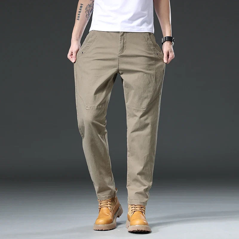 Cotton Cargo Trousers Men Outdoor Fit Straight Solid Color Sweatpants Man