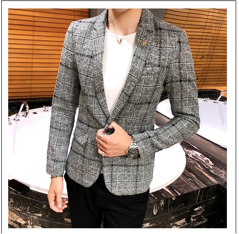 Men's Casual Plaid Suit Jacket Linen Plaid Suit Coat