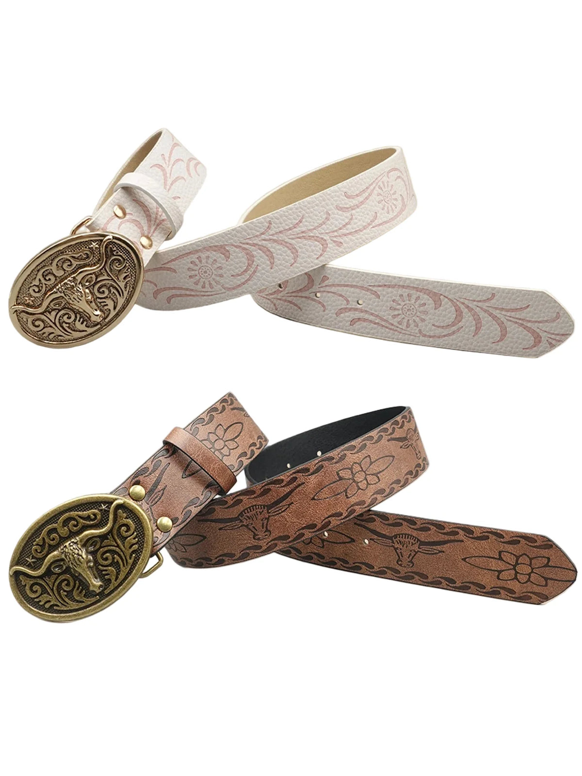 Western Cowboy PU Leather Belt with Longhorn Bull Head Buckle – Vintage Rodeo Belt for Men & Women, 3.8cm Wide, Buckle 8x5.5cm