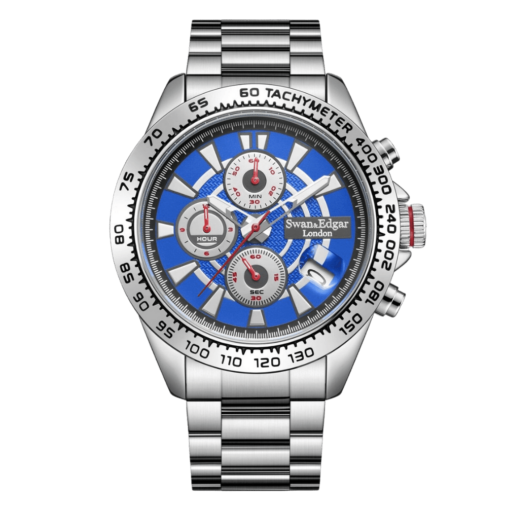 Limited Edition Swan & Edgar Hand Assembled Speed Target Mechanical Quartz Silver Blue