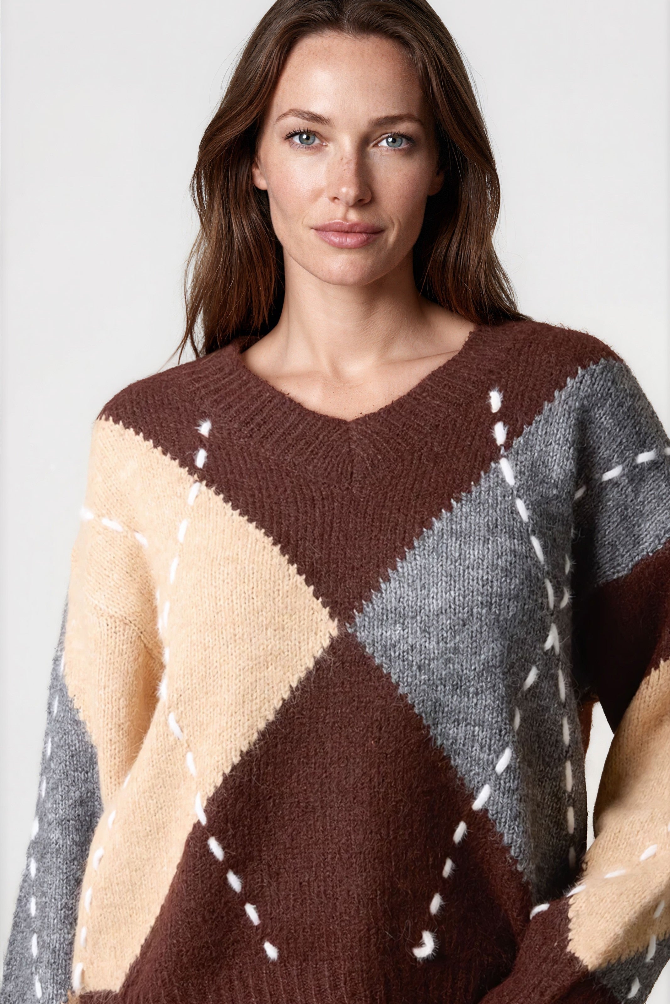 Chocolate Argyle Pattern V Neck Jumper