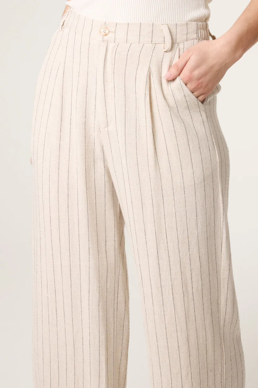Beige Striped Linen Blend Trousers
