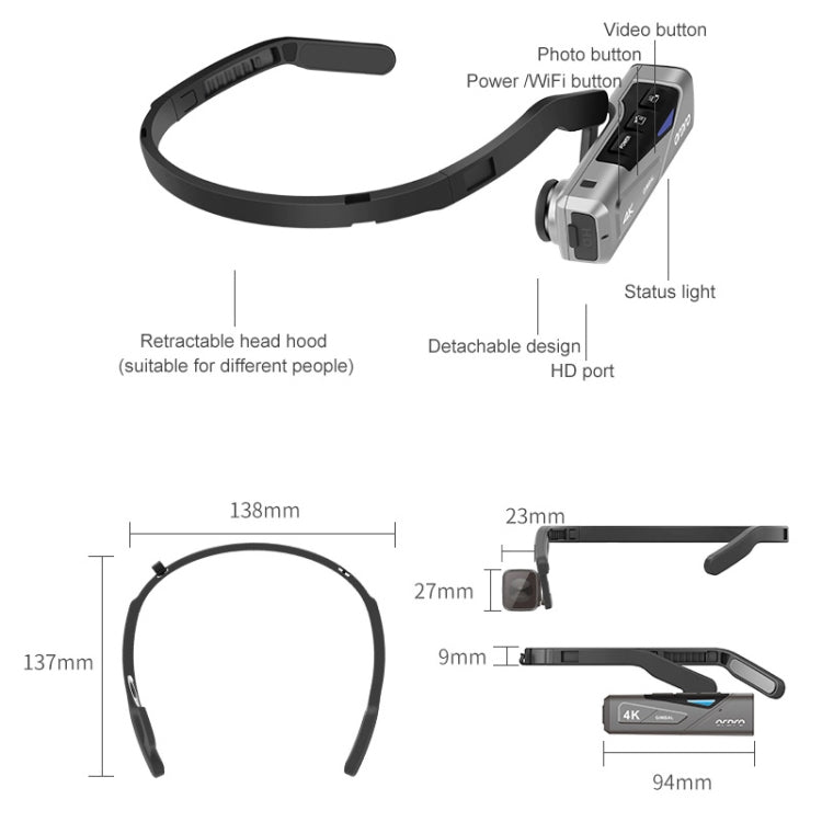 ORDRO EP7 4K Head-Mounted  Auto Focus Live Video Smart Sports Camera, Without Remote Control, With Remote Control