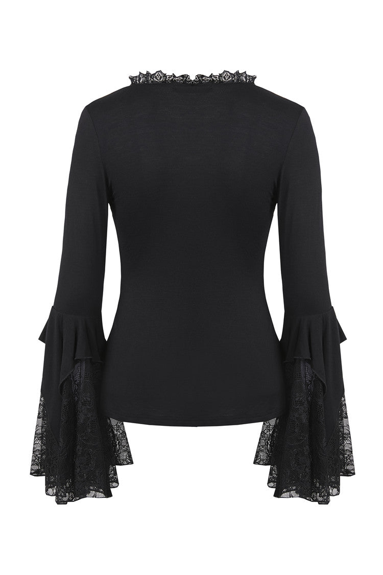 Dark In Love Jemima Black Gothic Top - Lace Bell Sleeves Sweetheart Neckline
