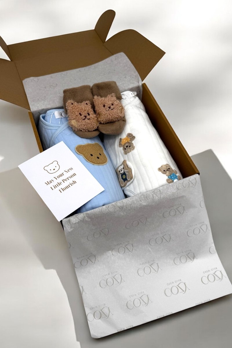 The Cozy Blue Boucle Baby Bear & Charming Bear Personalised Gift Box