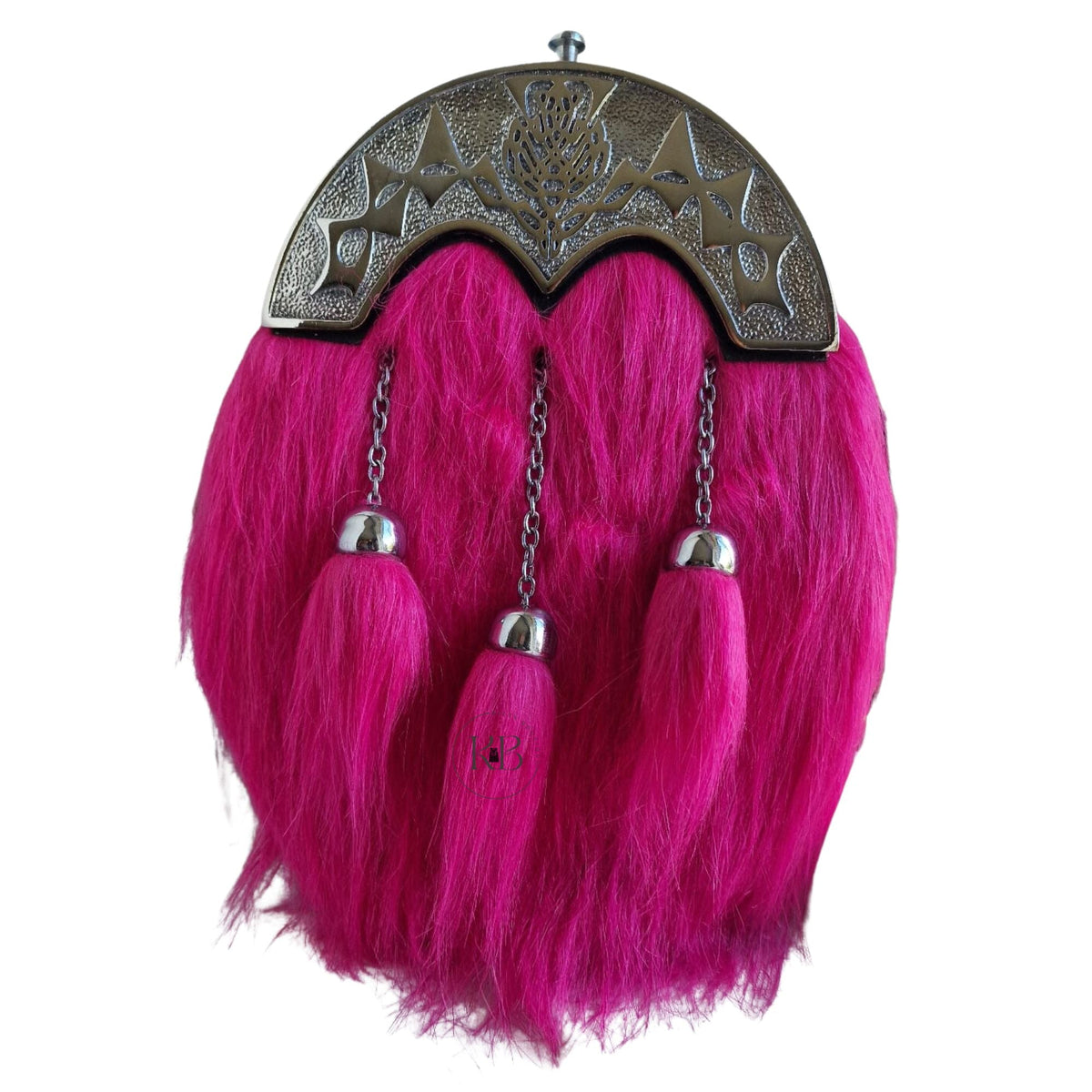 Pink Scottish & Highland Sporran Full Dress Fur Big Thistle Cantle With 3 Tassels Chrome Finish.