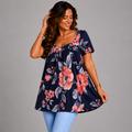 Navy Red Floral Short Sleeve A-Line Smock Top