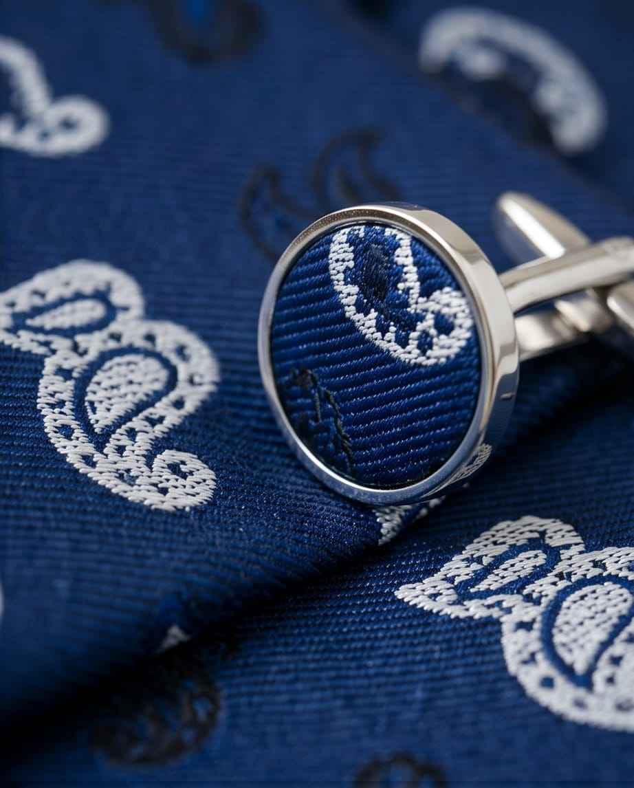 Sophisticated Paisley Ensemble: Navy Blue Tie, Cufflinks & Pocket Square Gift Set