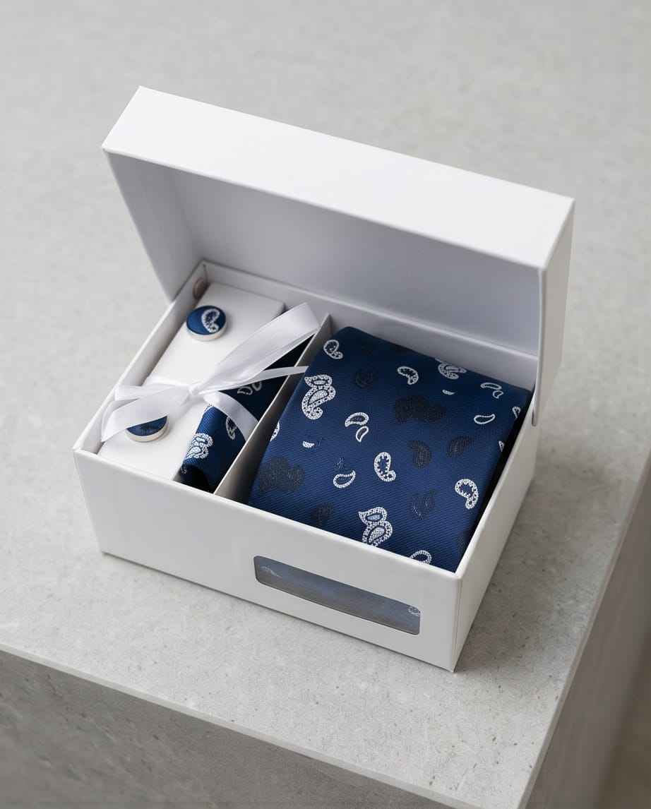 Sophisticated Paisley Ensemble: Navy Blue Tie, Cufflinks & Pocket Square Gift Set