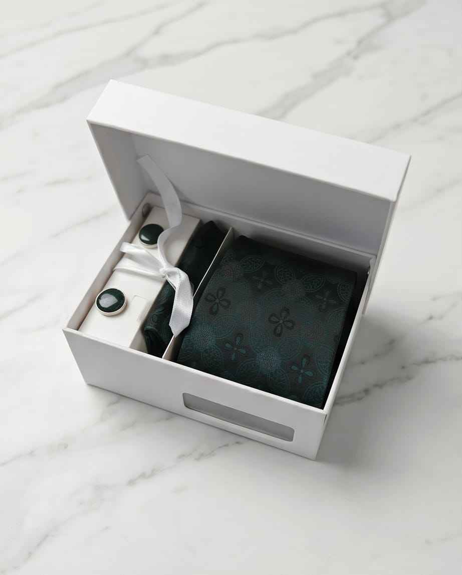 Deep Teal Jacquard Tie Set with Cufflinks & Pocket Square