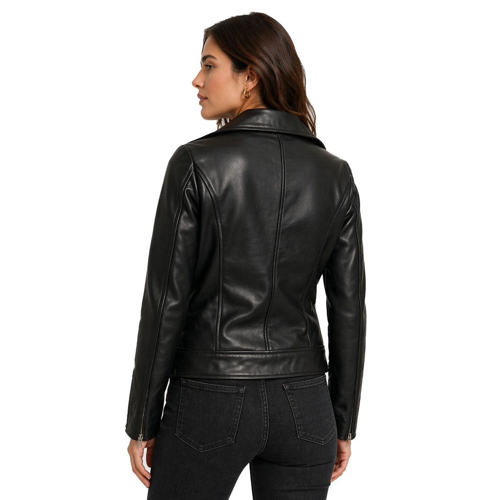 Women's Slim-Fit Belted Leather Biker Jacket