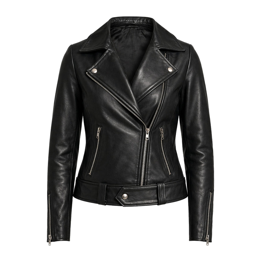 Women's Slim-Fit Belted Leather Biker Jacket