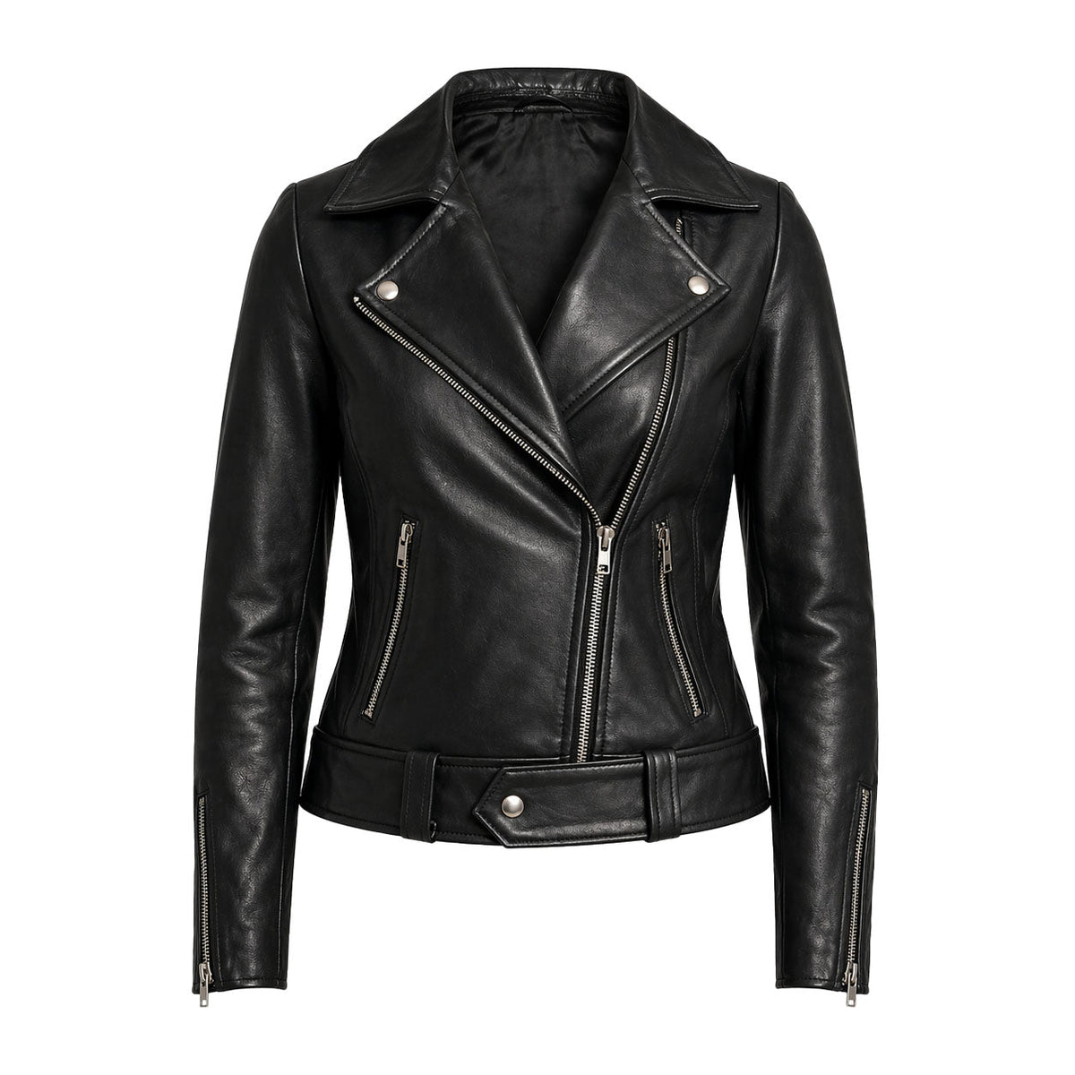 Women's Slim-Fit Belted Leather Biker Jacket