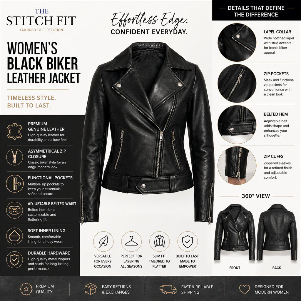 Women's Slim-Fit Belted Leather Biker Jacket