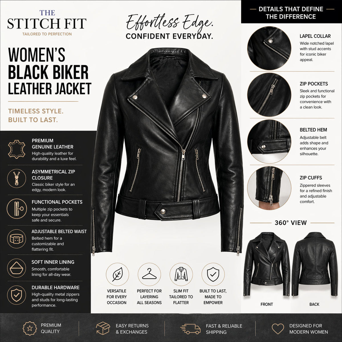 Women's Slim-Fit Belted Leather Biker Jacket
