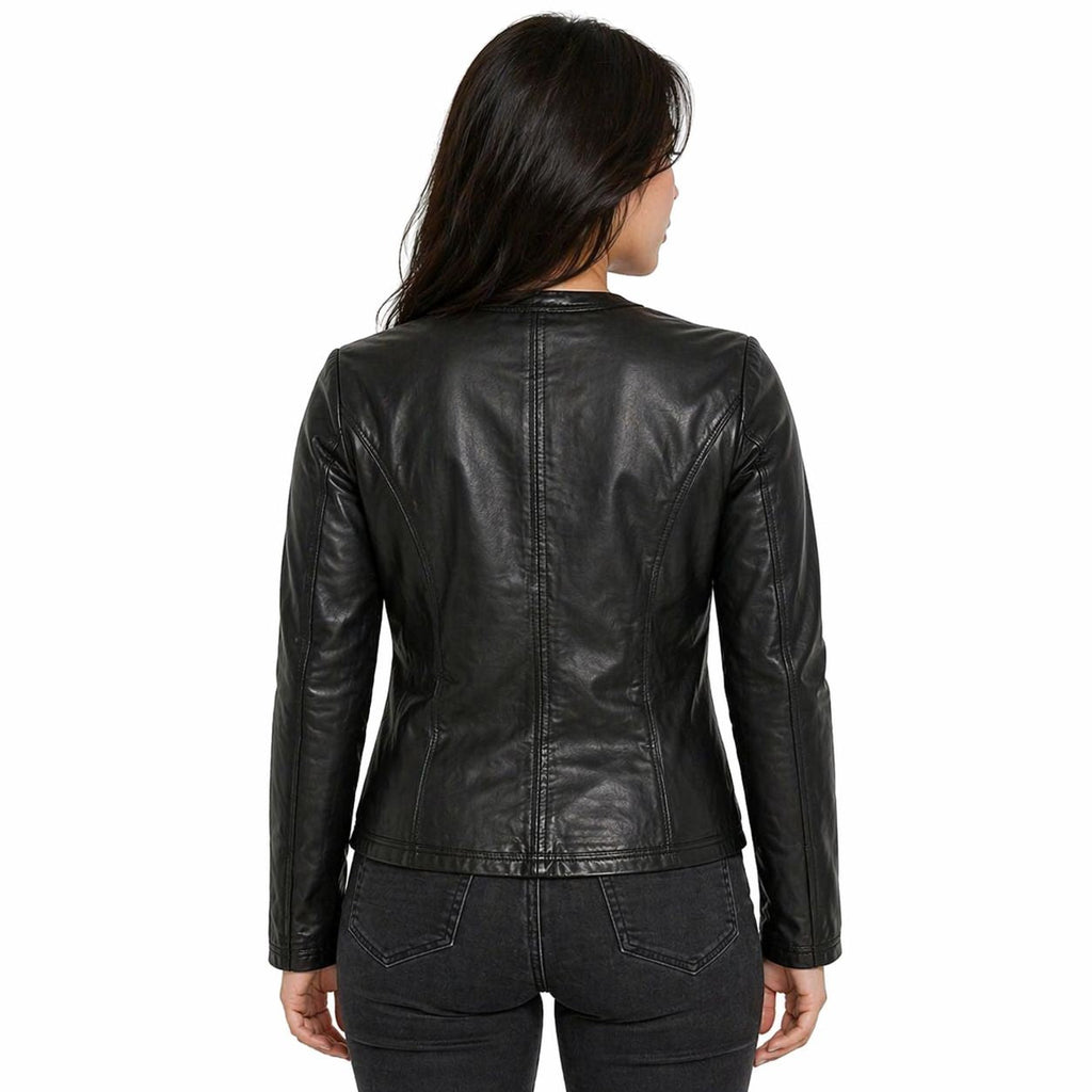 Women's Black Collarless Leather Moto Jacket
