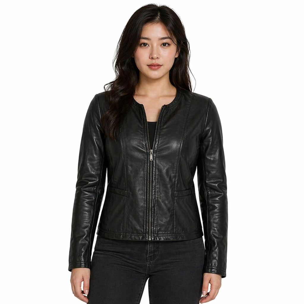 Women's Black Collarless Leather Moto Jacket