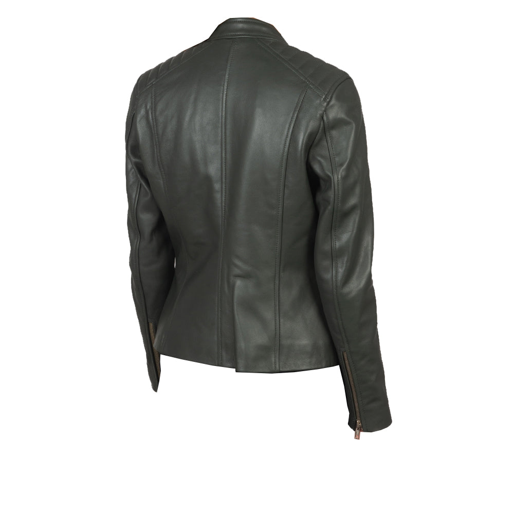 Women's Green Quilted-Shoulder Leather Jacket