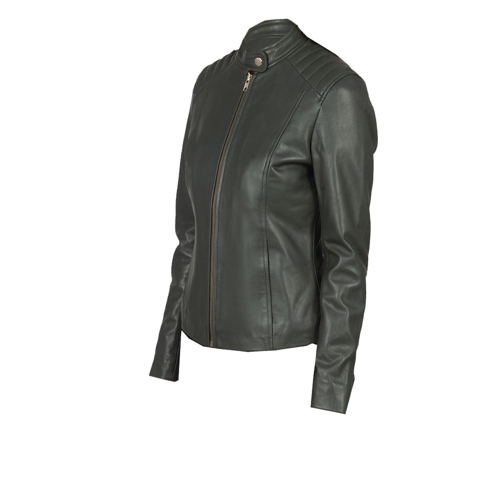 Women's Green Quilted-Shoulder Leather Jacket