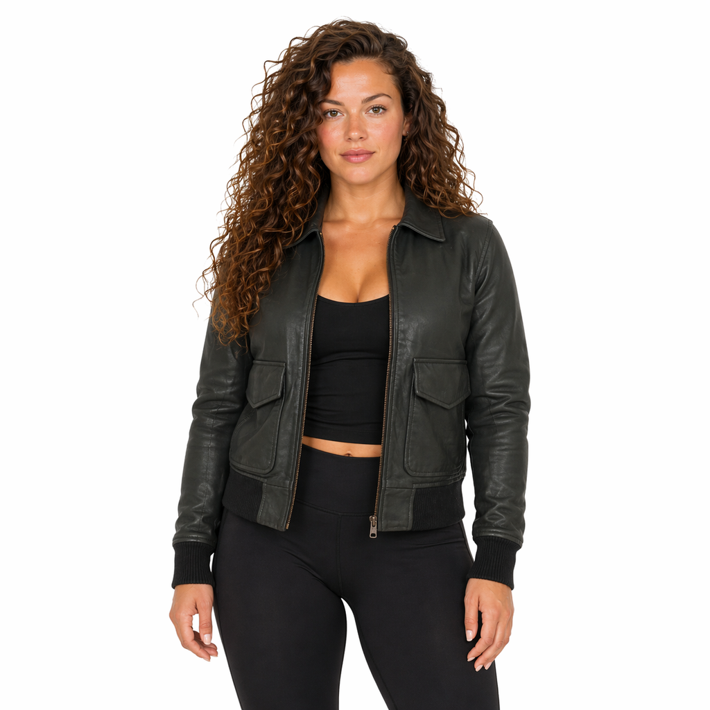 Women's Green Sheepskin Bomber Jacket