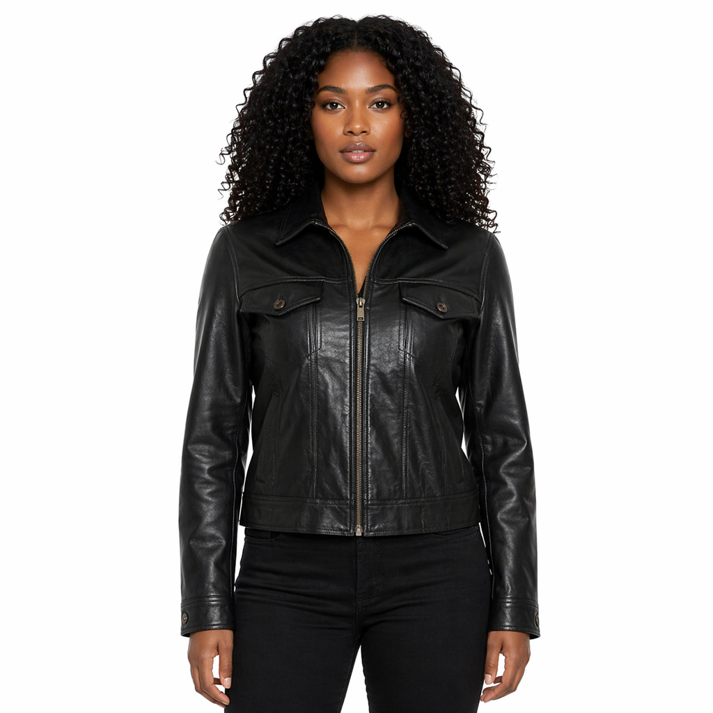 Women's Black Lambskin Zip-Front Trucker