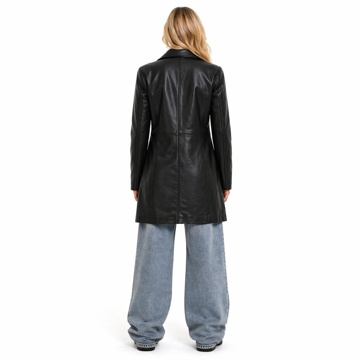 Women's Black Leather Car Coat