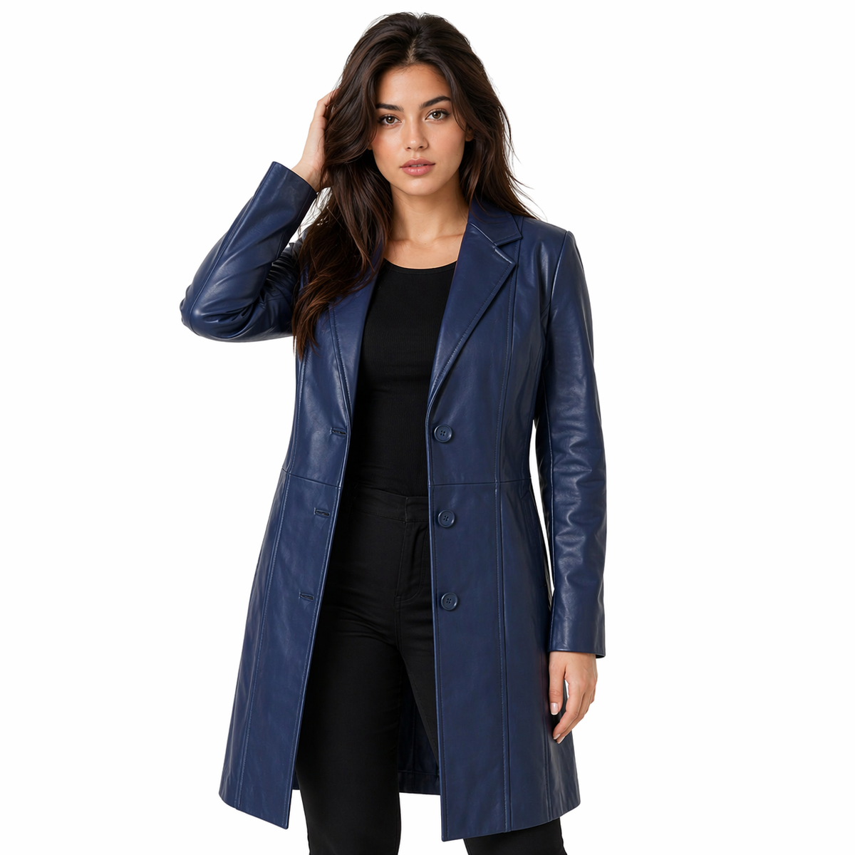 Women's Blue Single-Breasted Leather Coat