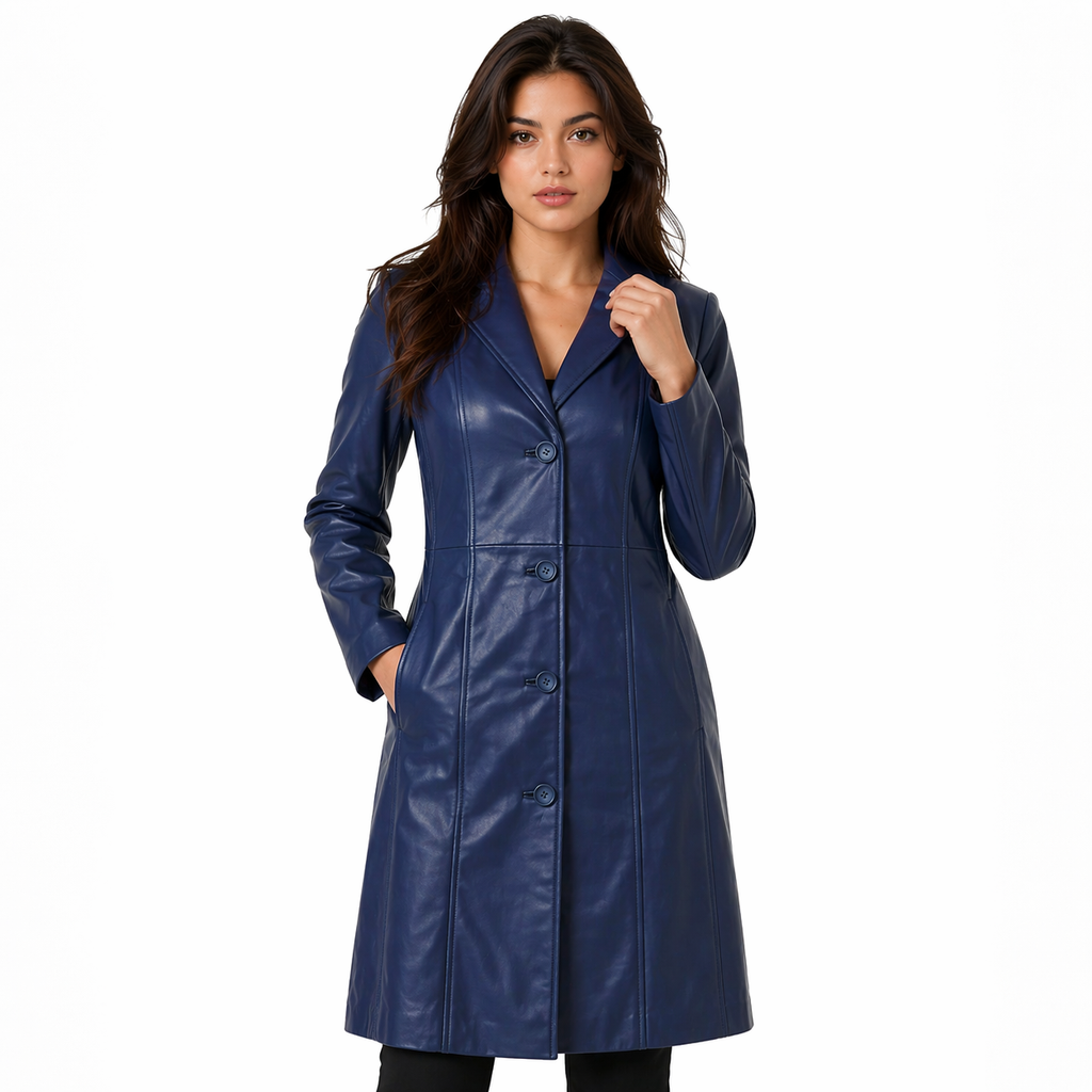 Women's Blue Single-Breasted Leather Coat