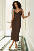 Yumi Brown Satin Cowl Neck Midi Slip Dress