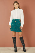 Yumi Teal Fox Embroidered Cord Mini Skirt