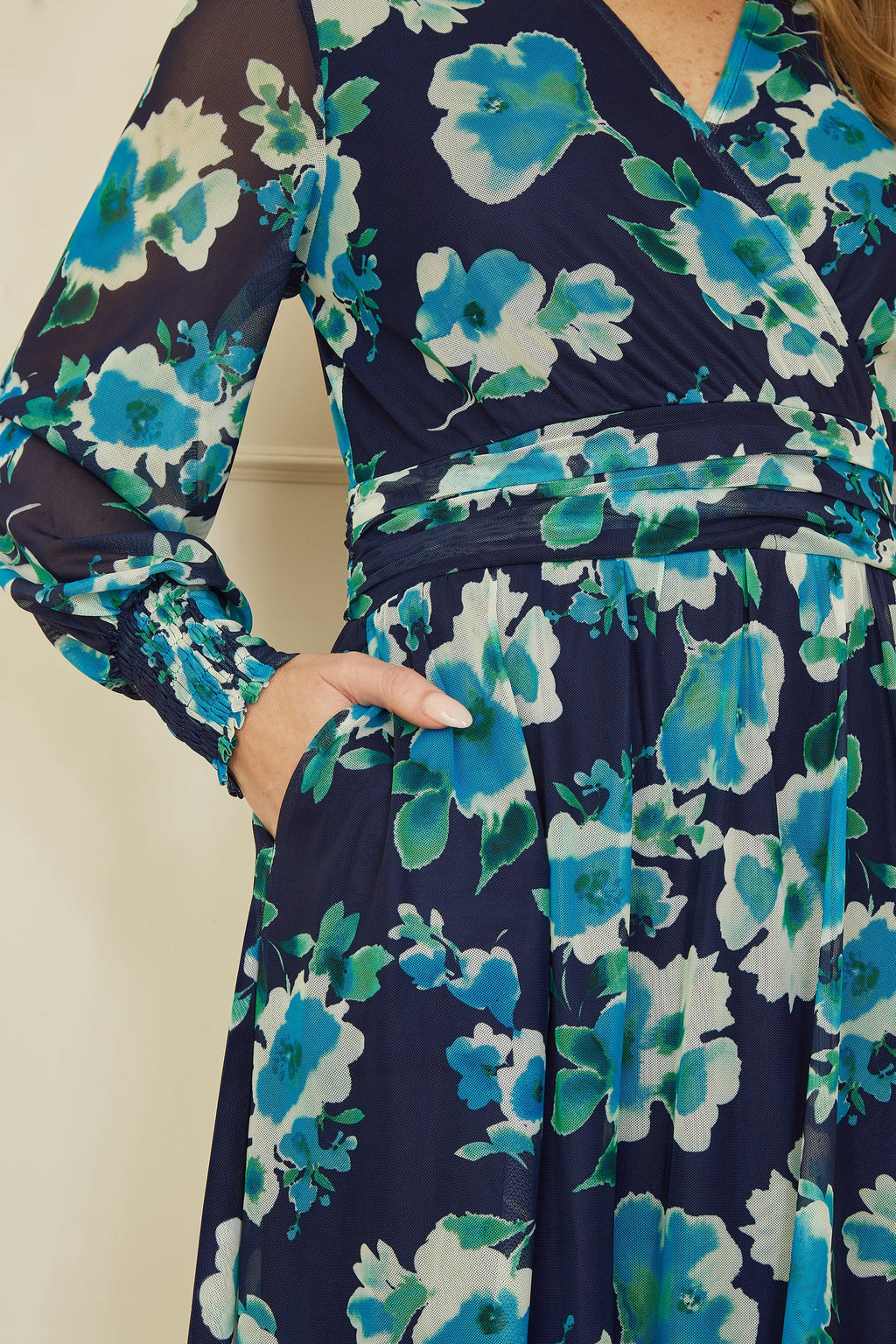 Yumi Blue Floral Mesh Wrap Dress With Long Sleeves