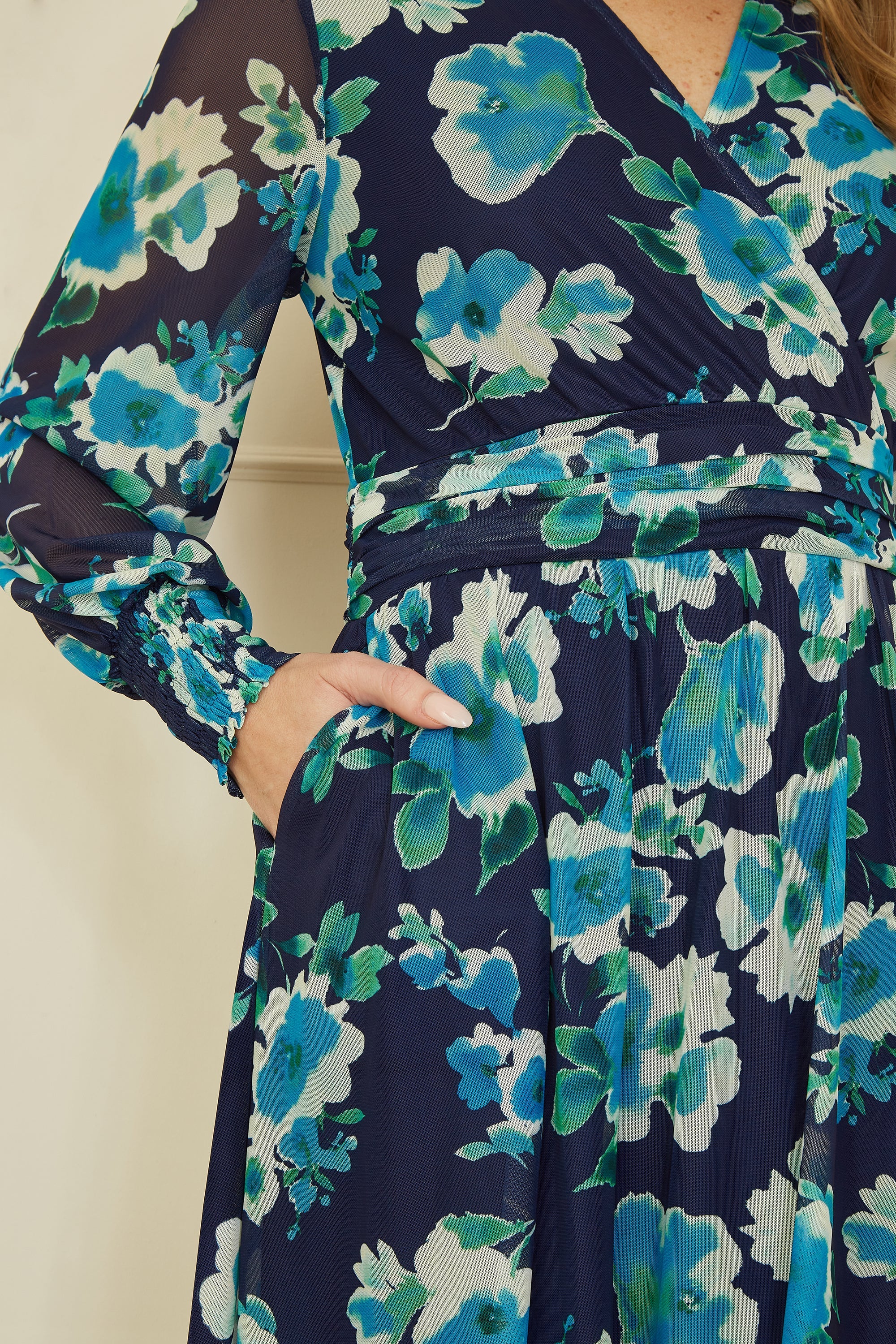 Yumi Blue Floral Mesh Wrap Dress With Long Sleeves