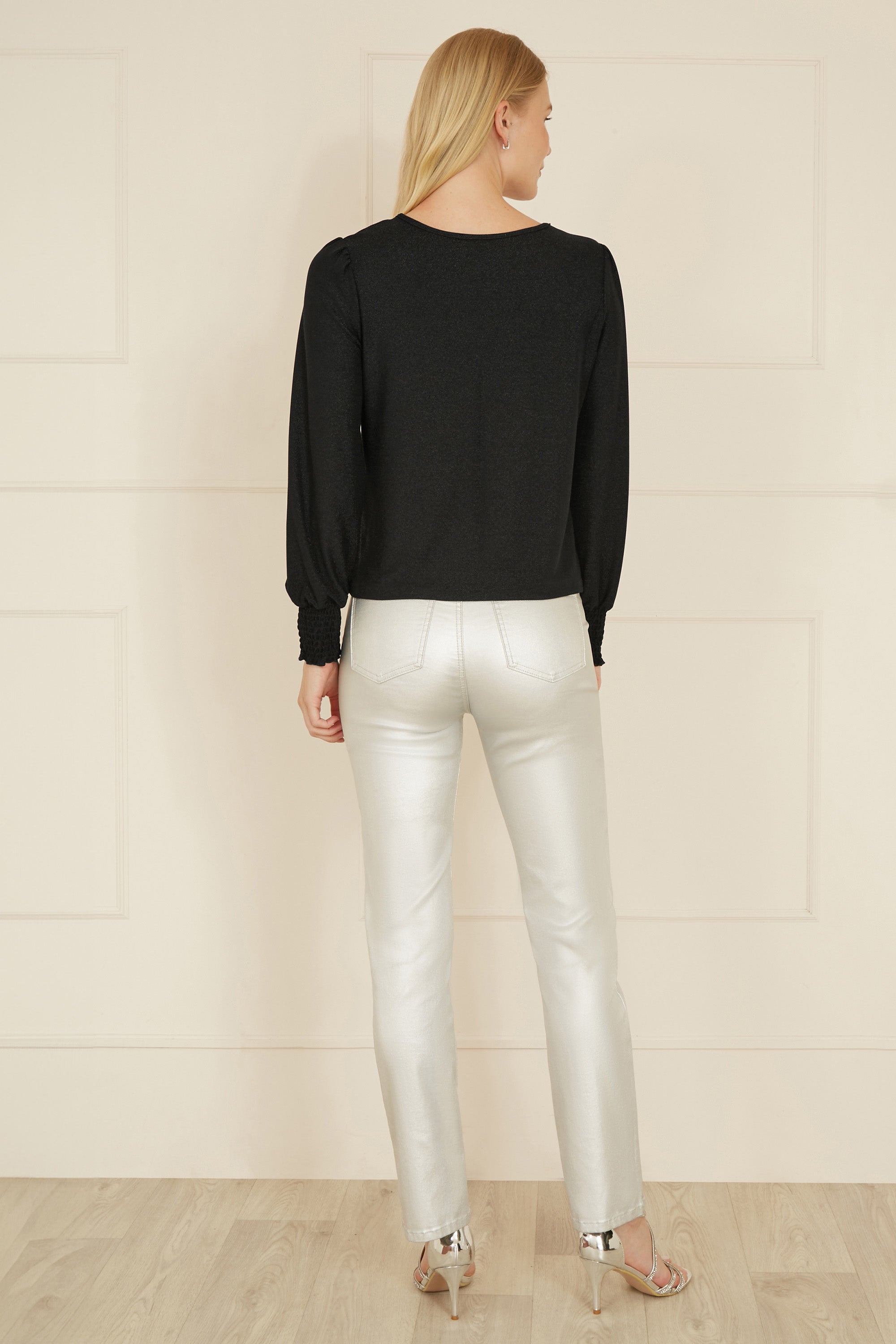 Yumi Black And Gold Sparkle Stretch Keyhole Neckline Top