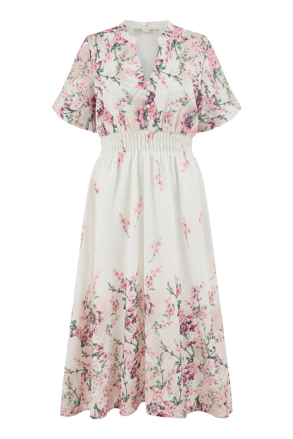 Yumi White Mirrored Floral Button Up Midi Dress With Ruched Waist