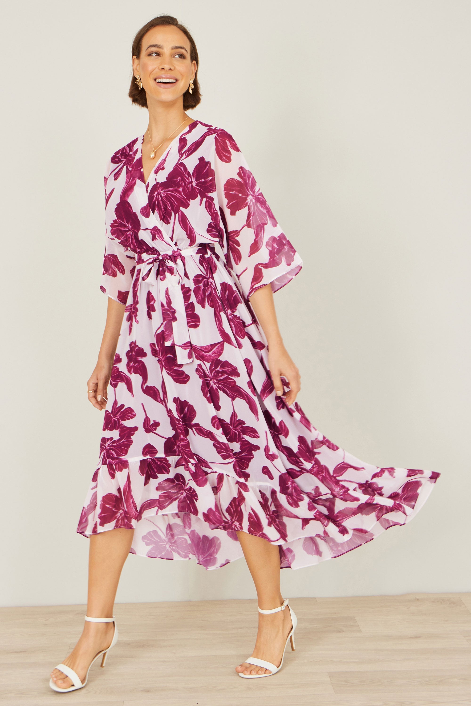 Yumi Pink Kimono Sleeves Midi Dip Hem Wrap Midi Dress