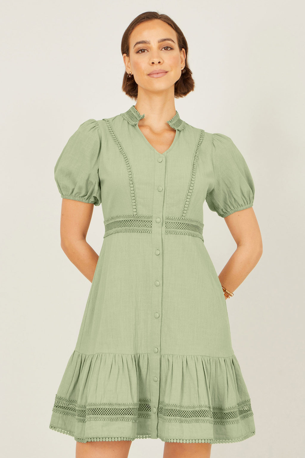 Yumi Green Cotton Lace Trim Skater Shirt Dress