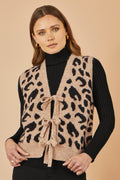 Yumi Beige Animal Print Intarsia Tie Front Waistcoat