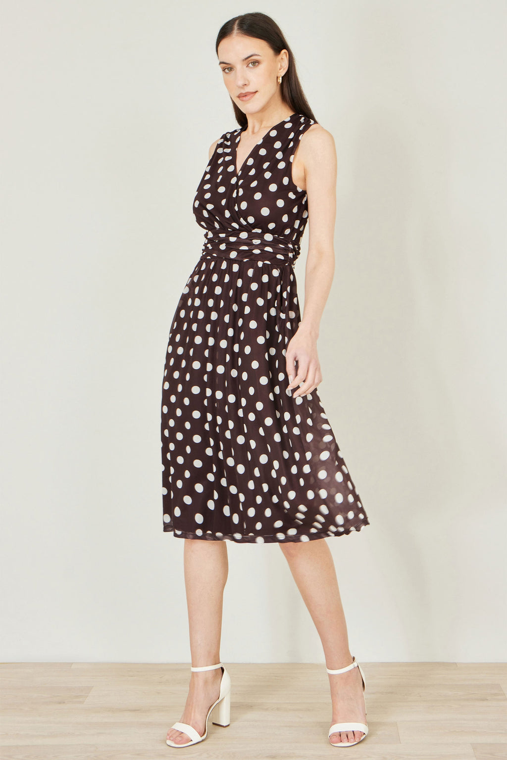 Yumi Brown Polka Dot Mesh Wrap Skater Dress With Pockets
